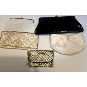 Lot of 5‎ Vintage Clutch Purses. White, Gold, Beaded, Black Leather.
